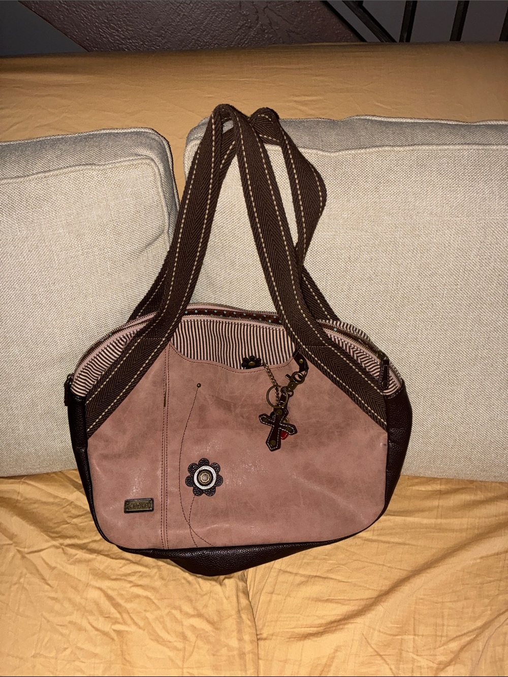 Chala tan/Mauve Canvas Tote with Brown Accents and Charm